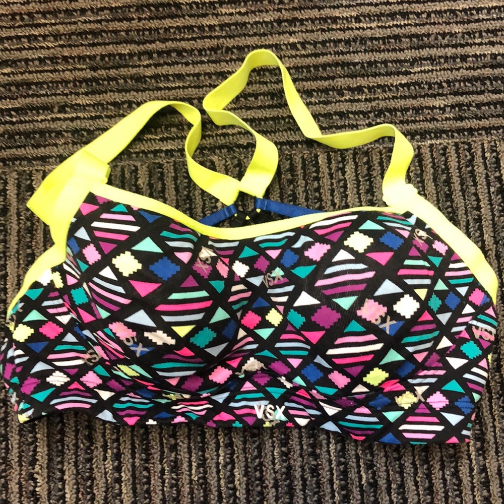VSX Neon Trim Multicolor Geometric Sports Bra - Yellow Straps